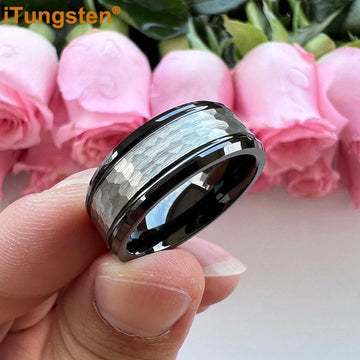 Popular Fashion Beveled Edges Hammered Tungsten Carbide Engagement Wedding Rings for Men and Women Trendy Jewellery - The Jewellery Supermarket